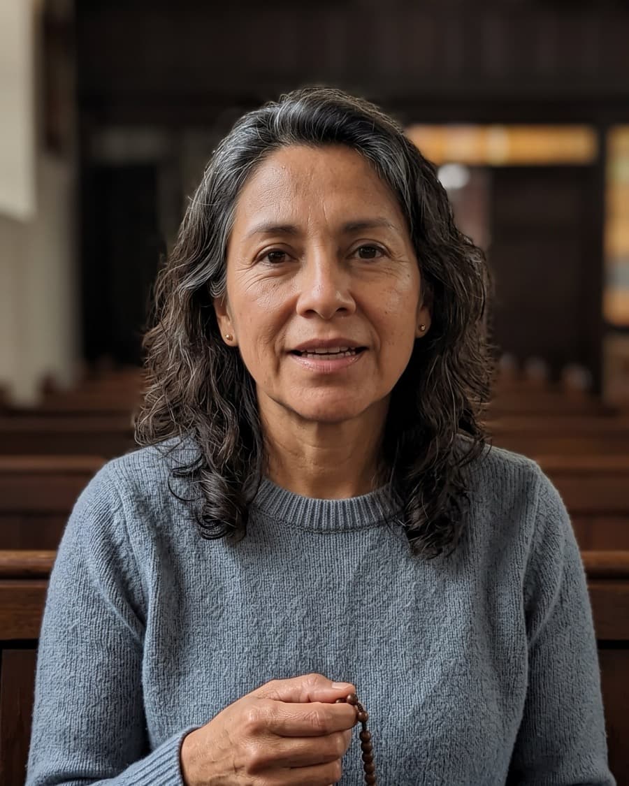 Alma Reyes sentada en una banca de la iglesia, con un rosario de madera entre las manos.